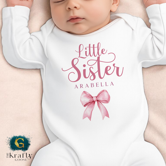 Little Sister Pink Bow - Sleepsuit Romper - Vest - Bib