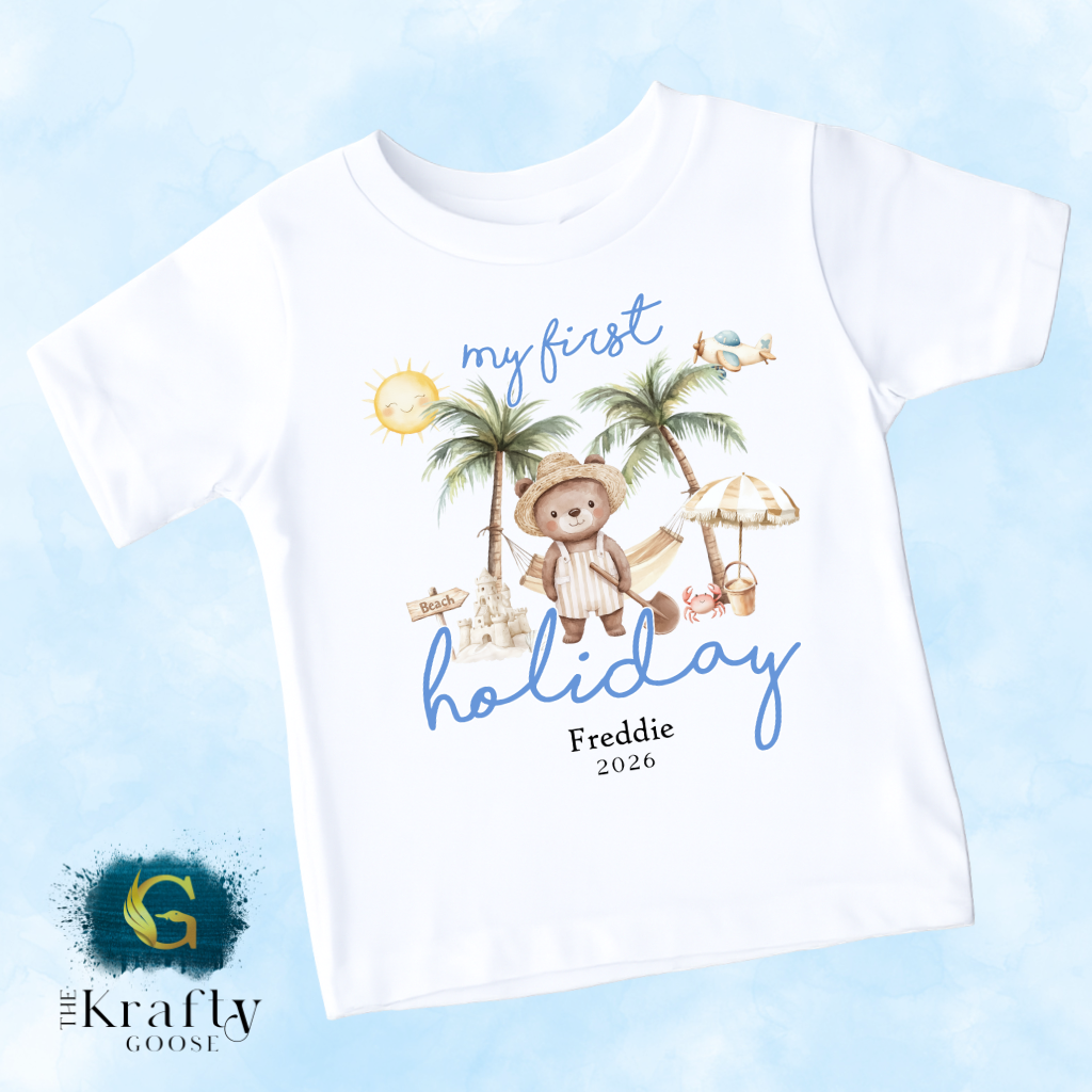 My First Holiday - Beach Bear - Blue - T-Shirt - Vest - Sleepsuit Romper - Sweater