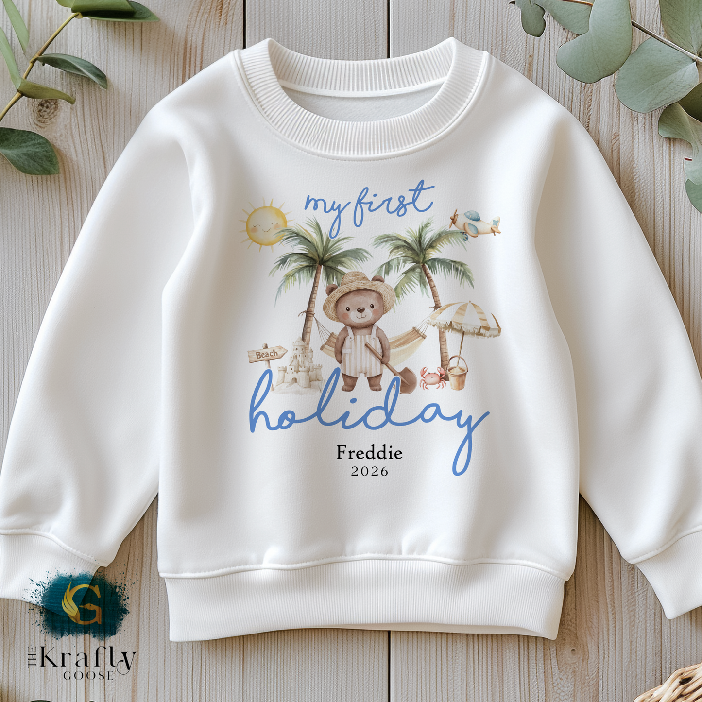 My First Holiday - Beach Bear - Blue - T-Shirt - Vest - Sleepsuit Romper - Sweater