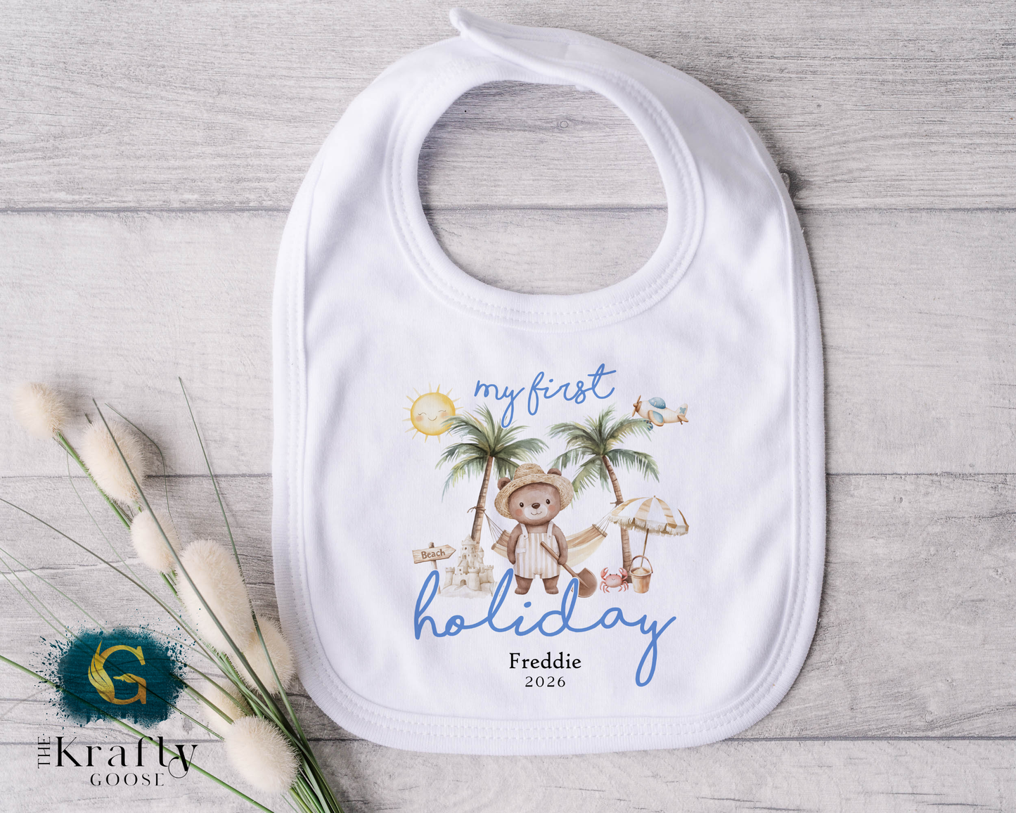My First Holiday - Beach Bear - Blue - T-Shirt - Vest - Sleepsuit Romper - Sweater
