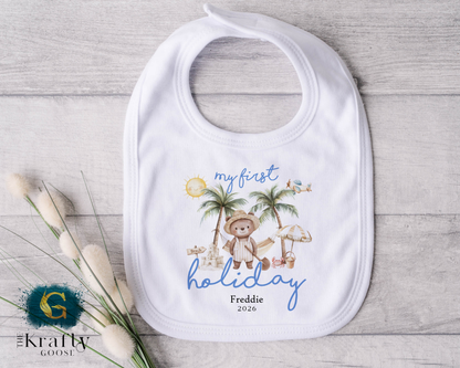 My First Holiday - Beach Bear - Blue - T-Shirt - Vest - Sleepsuit Romper - Sweater