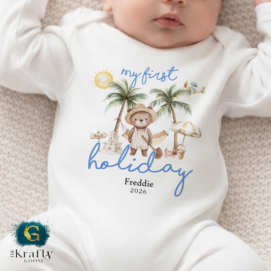 My First Holiday - Beach Bear - Blue - T-Shirt - Vest - Sleepsuit Romper - Sweater