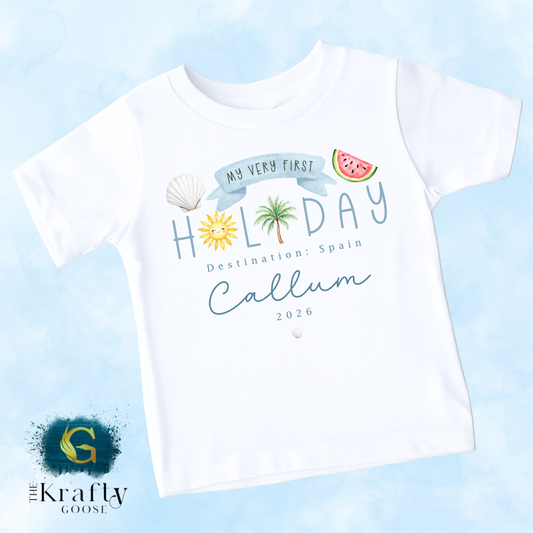 My First Holiday - Blue Design - T-Shirt - Vest - Sleepsuit Romper - Sweater