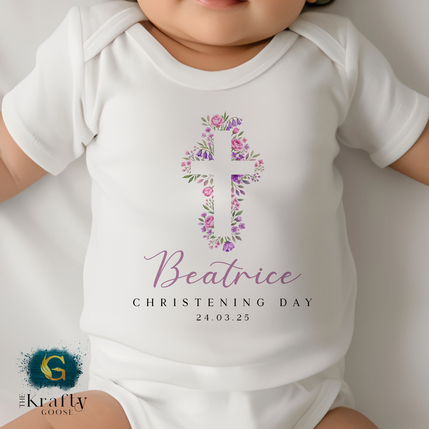 Christening Outfit Pink Purple Cross - Sleepsuit Romper - Vest - Bib