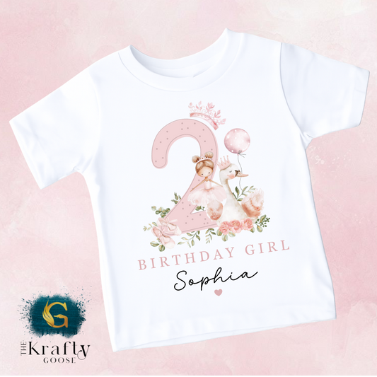 A white t-shirt with a pink and green floral design and the text "Birthday Girl Sophia" printed on it.