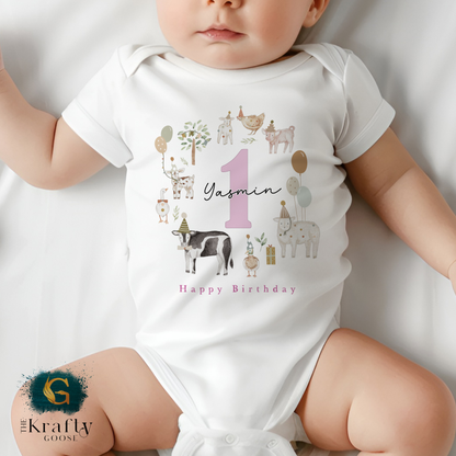 Farm Animals Birthday Outfit - Pink T-Shirt, Sweatshirt, Baby Romper Vest Bib