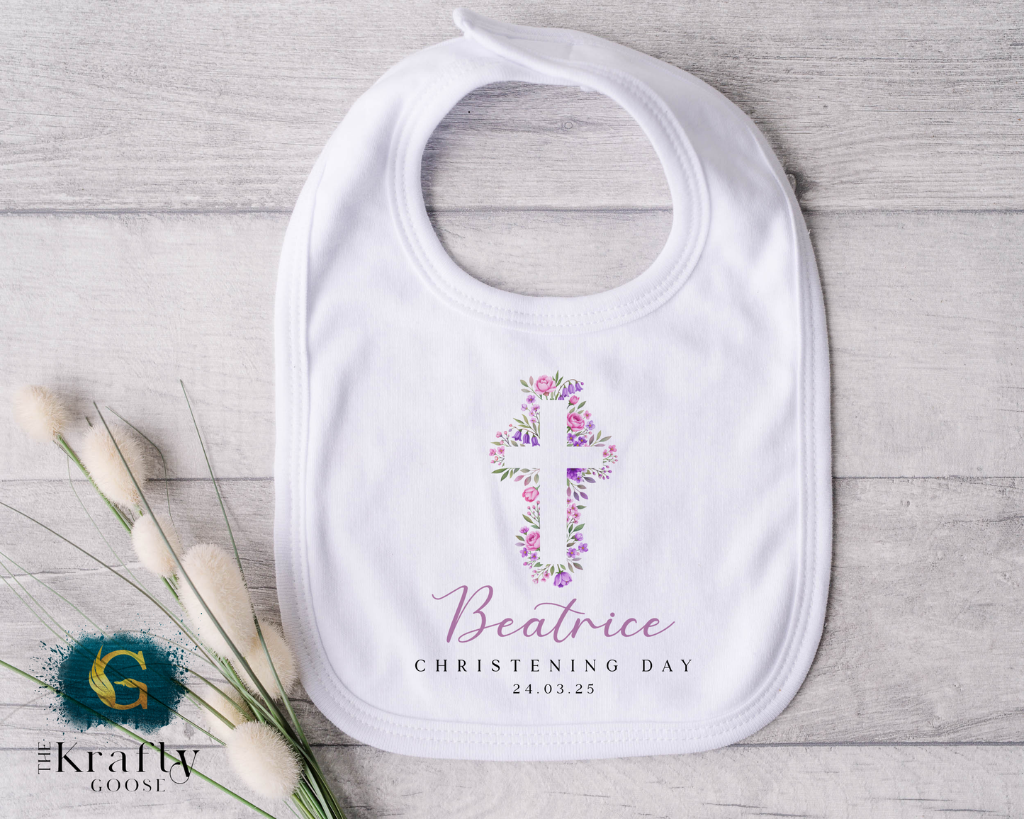 Christening Outfit Pink Purple Cross - Sleepsuit Romper - Vest - Bib
