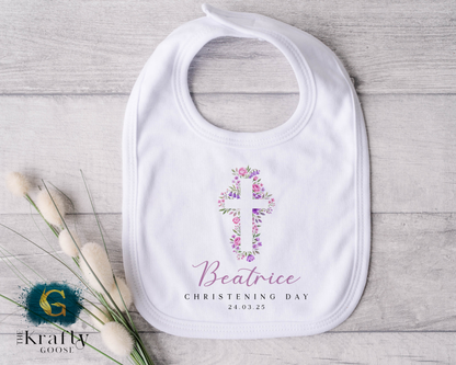 Christening Outfit Pink Purple Cross - Sleepsuit Romper - Vest - Bib