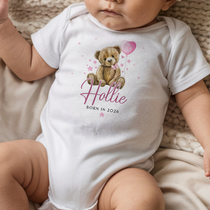 Born in 2026 - Pink Teddy Bear Balloon Design