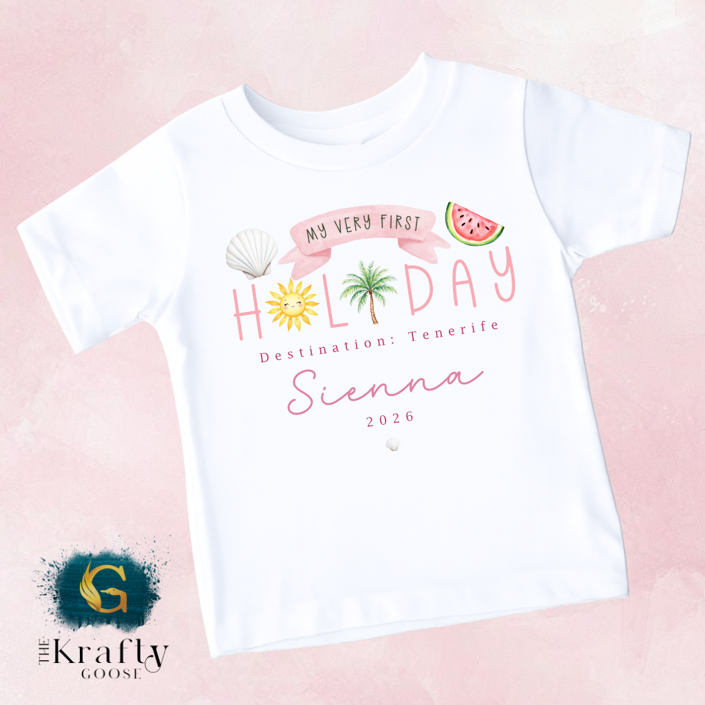 My First Holiday - Pink Design - T-Shirt - Vest - Sleepsuit Romper - Sweater