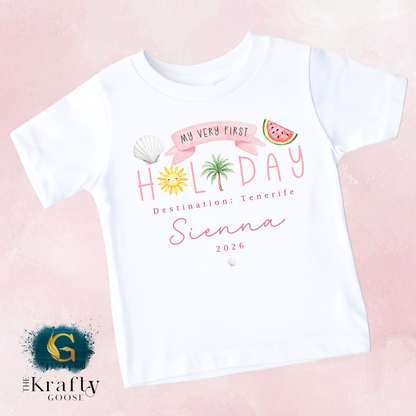 My First Holiday - Pink Design - T-Shirt - Vest - Sleepsuit Romper - Sweater