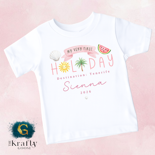 My First Holiday - Pink Design - T-Shirt - Vest - Sleepsuit Romper - Sweater