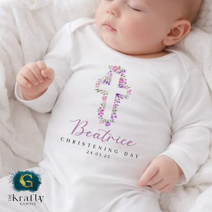 Christening Outfit Pink Purple Cross - Sleepsuit Romper - Vest - Bib
