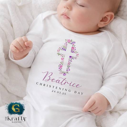 Christening Outfit Pink Purple Cross - Sleepsuit Romper - Vest - Bib