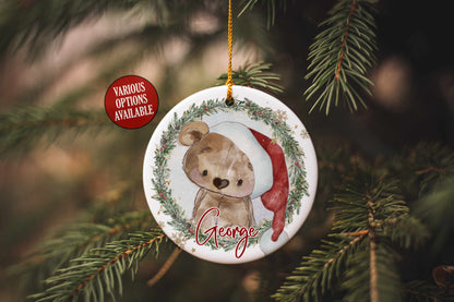 Christmas Bear Wreath Ceramic Ornament