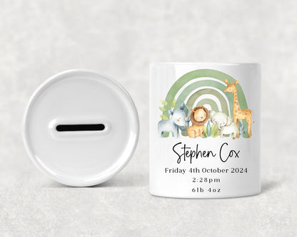 New Baby Money Box - Safari Rainbow Design