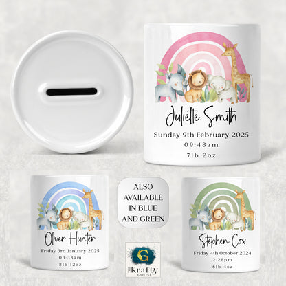 New Baby Money Box - Safari Rainbow Design