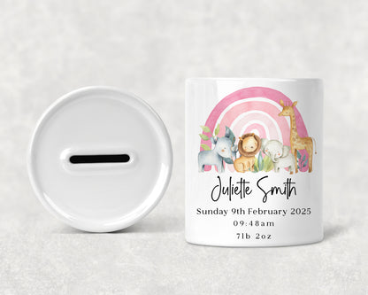 New Baby Money Box - Safari Rainbow Design