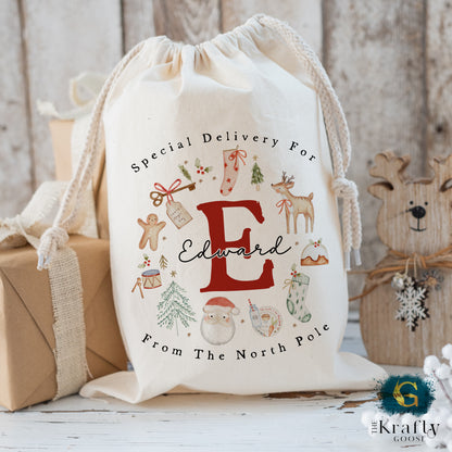 XL Luxury Santa Sack - Santa Reindeer Wreath Design