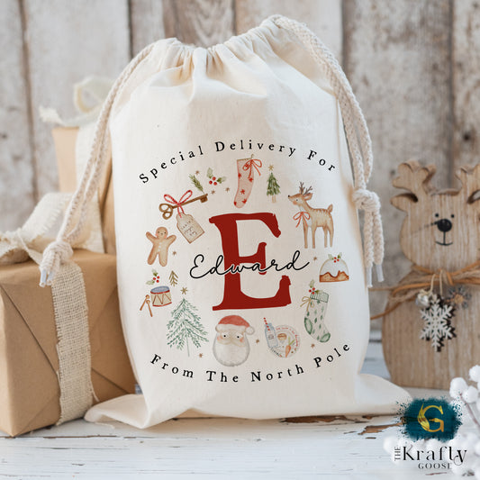 XL Luxury Santa Sack - Santa Reindeer Wreath Design