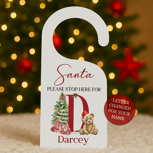 Personalised Santa Please Stop Here Door Hanger - Cute Bear Alphabet