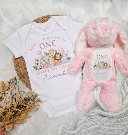 Jungle Safari 1st Birthday Baby Babygrow Bundle - Pink Design