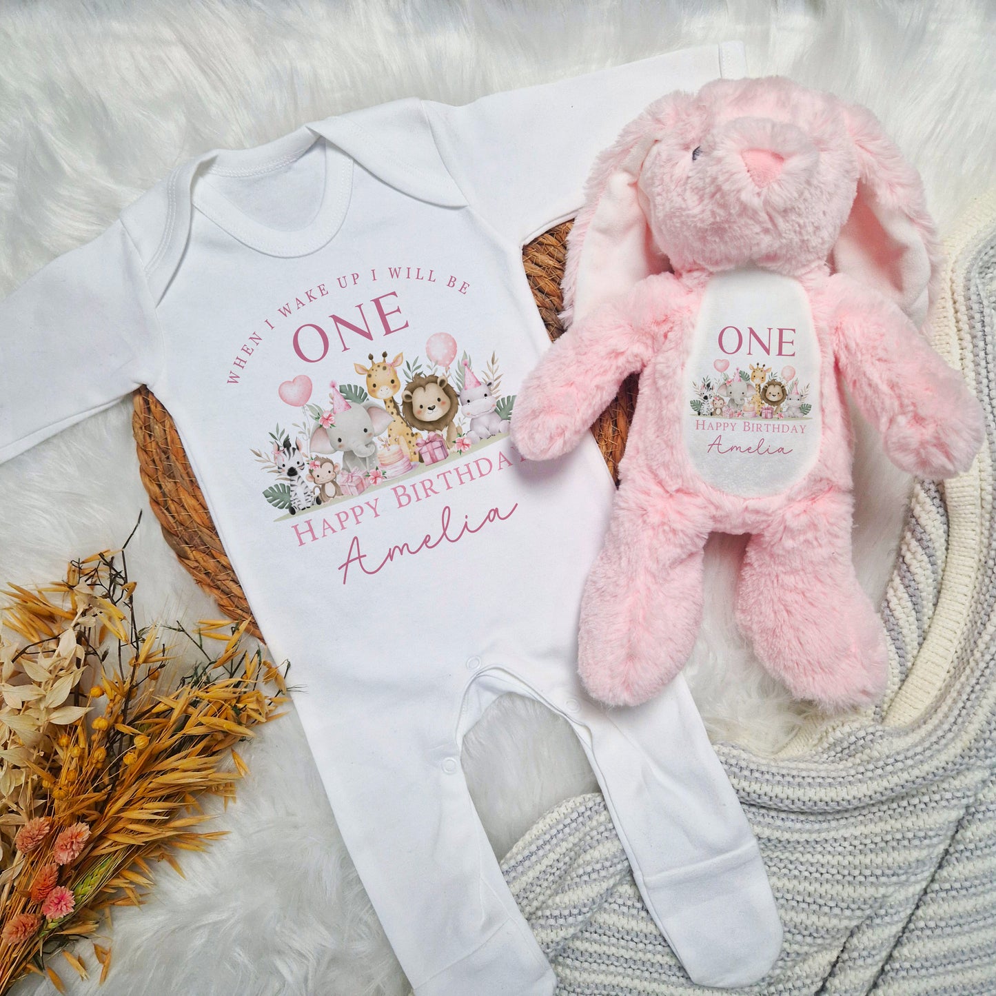 Jungle Safari 1st Birthday Baby Babygrow Bundle - Pink Design