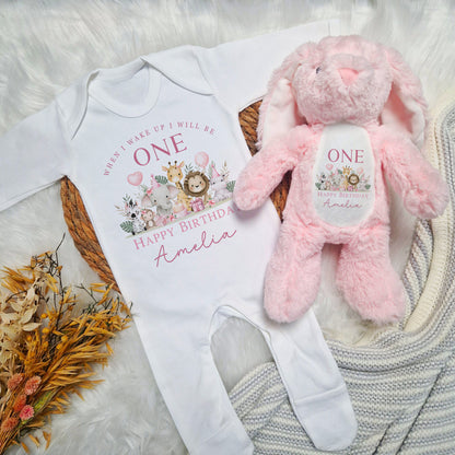 Jungle Safari 1st Birthday Baby Babygrow Bundle - Pink Design