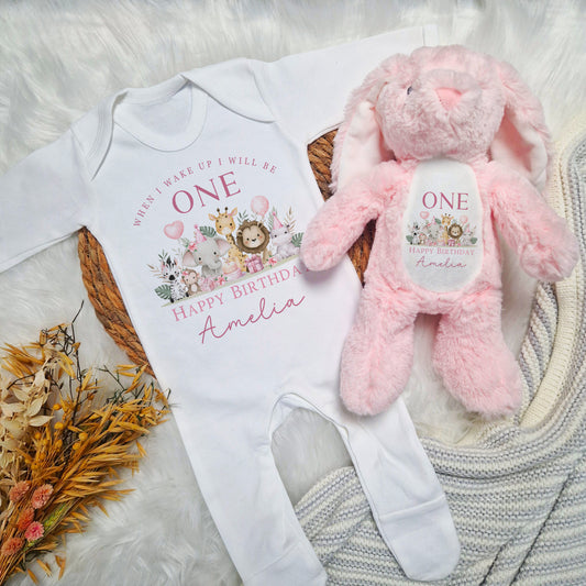 Jungle Safari 1st Birthday Baby Babygrow Bundle - Pink Design