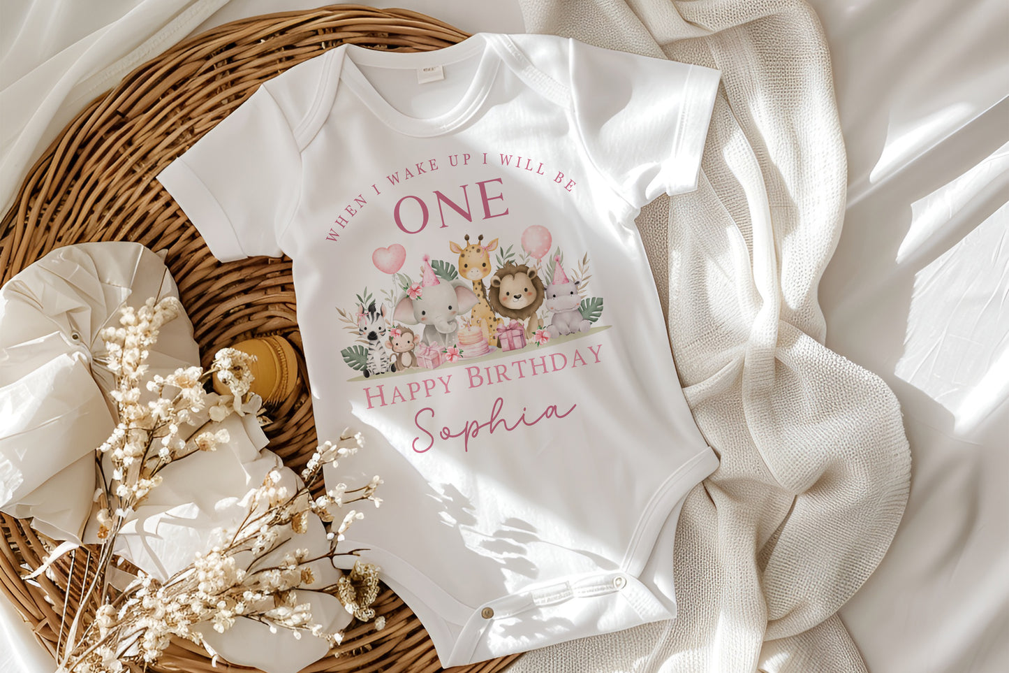Jungle Safari 1st Birthday Baby Babygrow Bundle - Pink Design
