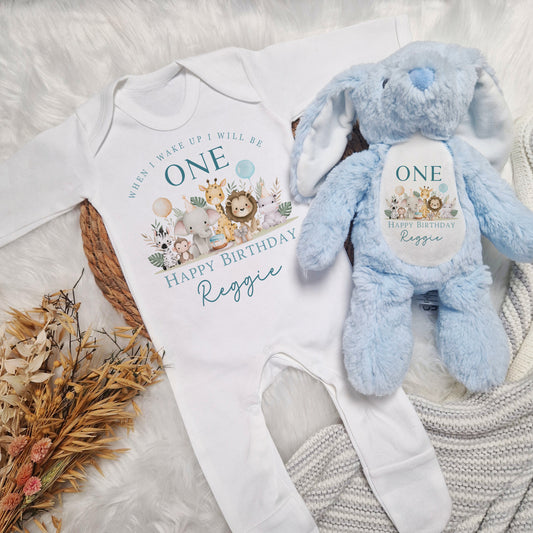Jungle Safari 1st Birthday Baby Babygrow Bundle - Blue Design