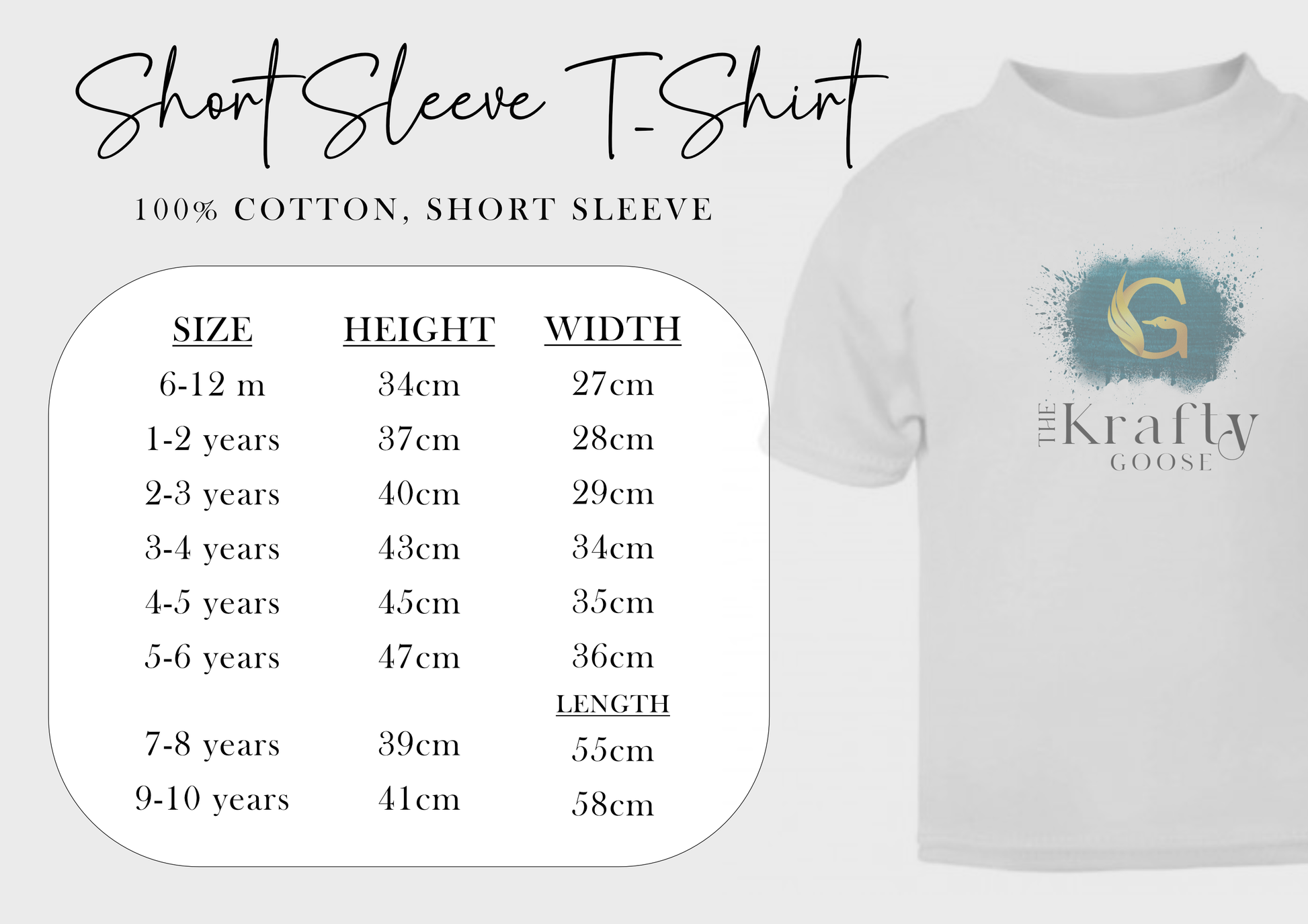 The image is a T-shirt size chart for short sleeve t-shirts, providing measurements for different age groups.