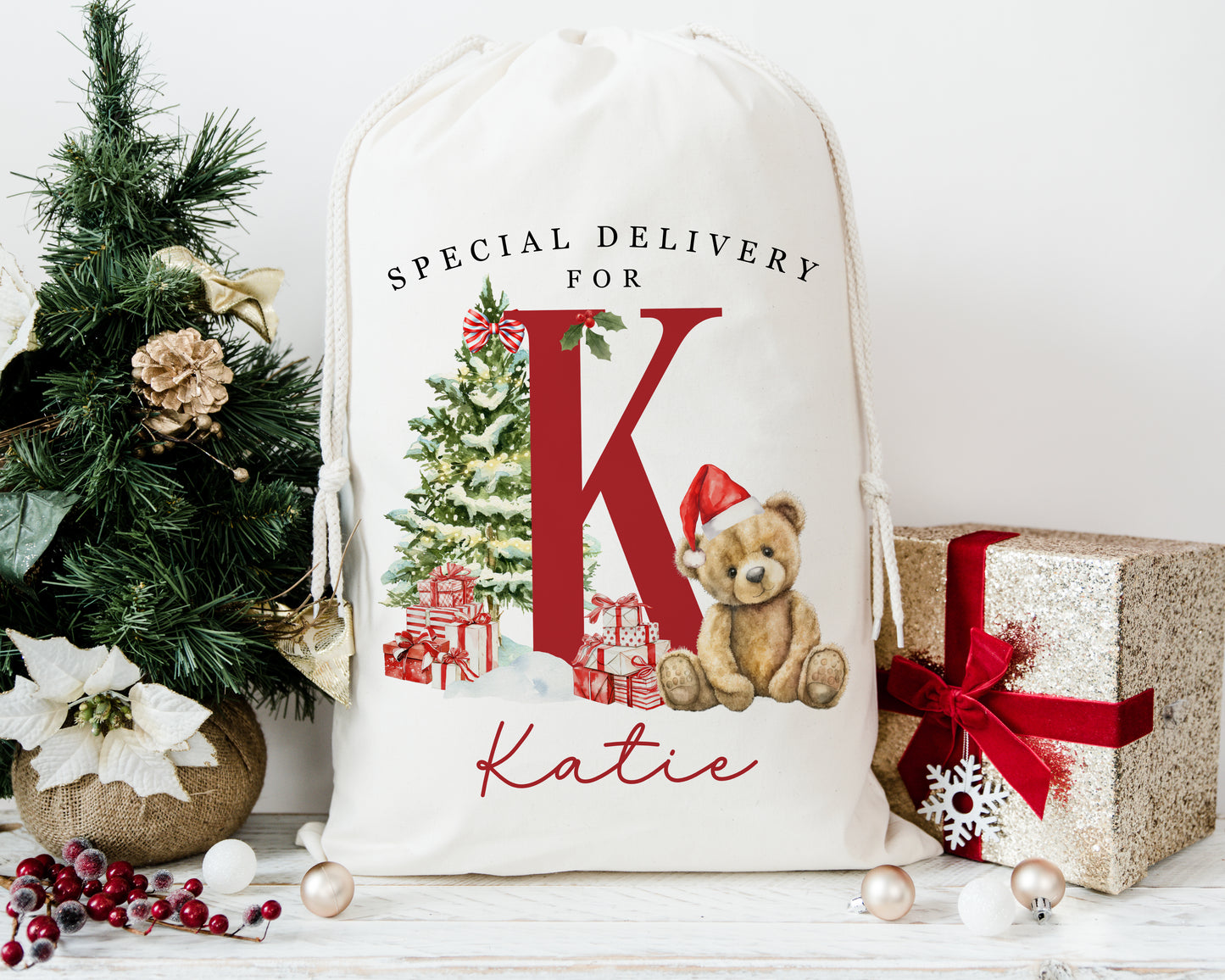XL Luxury Santa Sack - Red Bear Alphabet