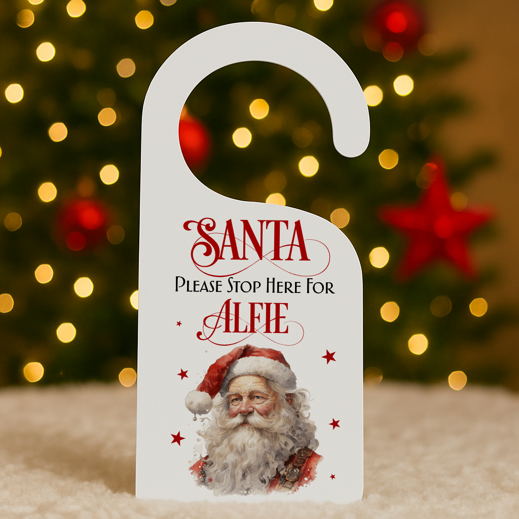 Personalised Santa Please Stop Here Door Hanger - Vintage Santa Face