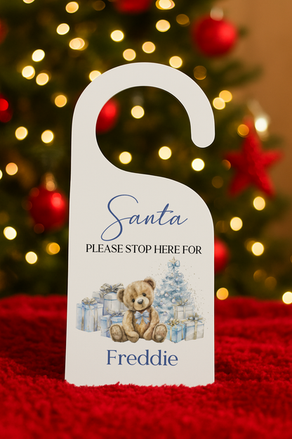 Personalised Santa Please Stop Here Door Hanger - Blue or Pink Bear