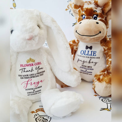 Christening Gift | Personalised Soft Toy | Custom Gift | Baptism | Bunny Elephant Giraffe Teddy Bear | Printed Thank You Wedding Flower Girl