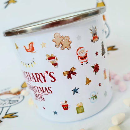 Personalised Christmas Enamel Mug, Stocking Filler, Kids Unbreakable Shatterproof Cup, Hot Chocolate, Christmas Eve Box, Gift Idea for Kids