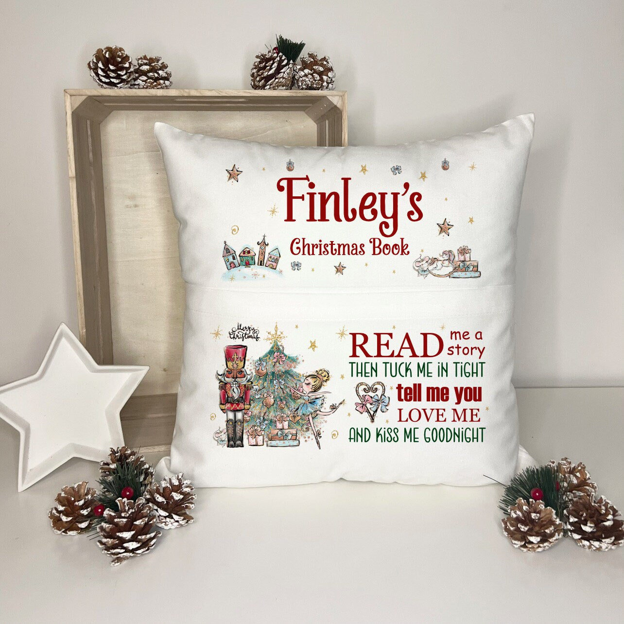 Personalised Christmas Book Cushion, Pocket Cushion, Book Pillow for Children, Christmas Story Time, Nutcracker Santa Elf, Soft Velvet