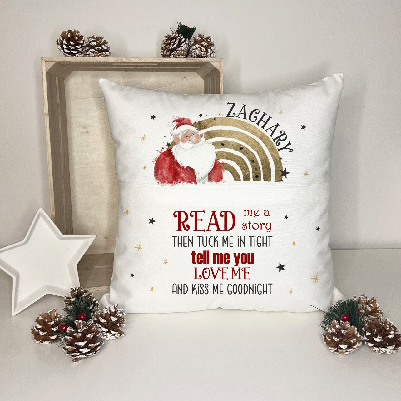 Personalised Christmas Book Cushion, Pocket Cushion, Book Pillow for Children, Christmas Story Time, Nutcracker Santa Elf, Soft Velvet