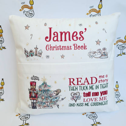 Personalised Christmas Book Cushion, Pocket Cushion, Book Pillow for Children, Christmas Story Time, Nutcracker Santa Elf, Soft Velvet