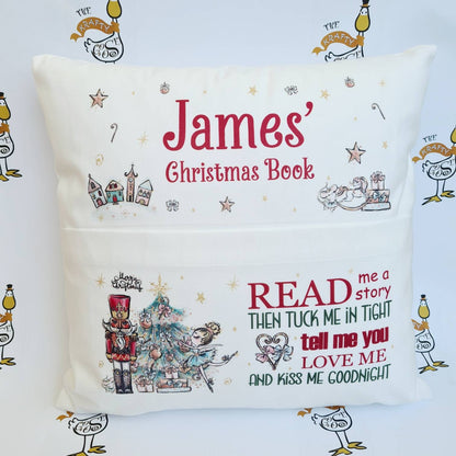 Personalised Christmas Book Cushion, Pocket Cushion, Book Pillow for Children, Christmas Story Time, Nutcracker Santa Elf, Soft Velvet