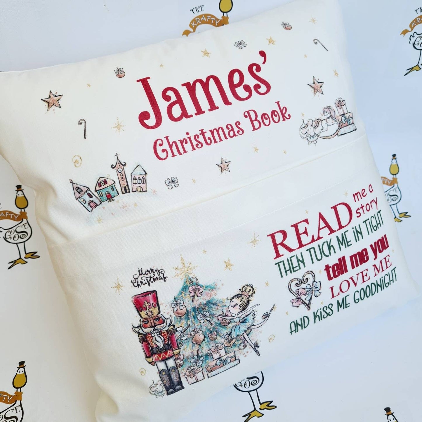 Personalised Christmas Book Cushion, Pocket Cushion, Book Pillow for Children, Christmas Story Time, Nutcracker Santa Elf, Soft Velvet