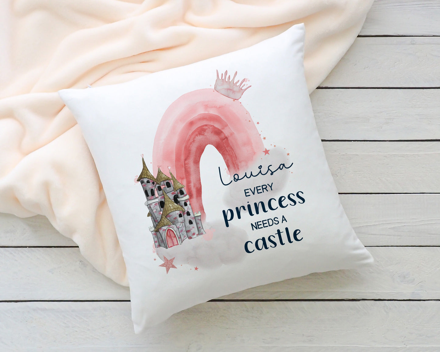 Personalised Princess Castle Cushion - Pretty and Pink - Super Soft Charpie Cover