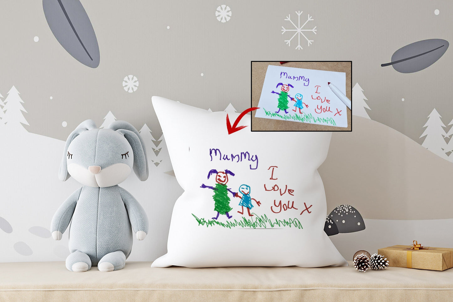 CUSTOM Bespoke Kid's Drawing Cushion | Artwork Pillow | Soft Charpie Cushion | Gift for Mum | Gifts for Nan | Unique Gift Ideas