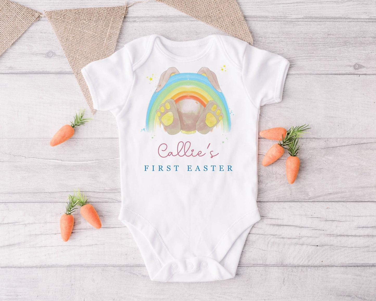 Personalised First Easter Baby Vest Bodysuit | Easter Babygrow | Watercolour Rainbow Bunny | New Baby | Easter Gift |