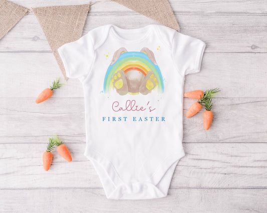 Personalised First Easter Baby Vest Bodysuit | Easter Babygrow | Watercolour Rainbow Bunny | New Baby | Easter Gift |
