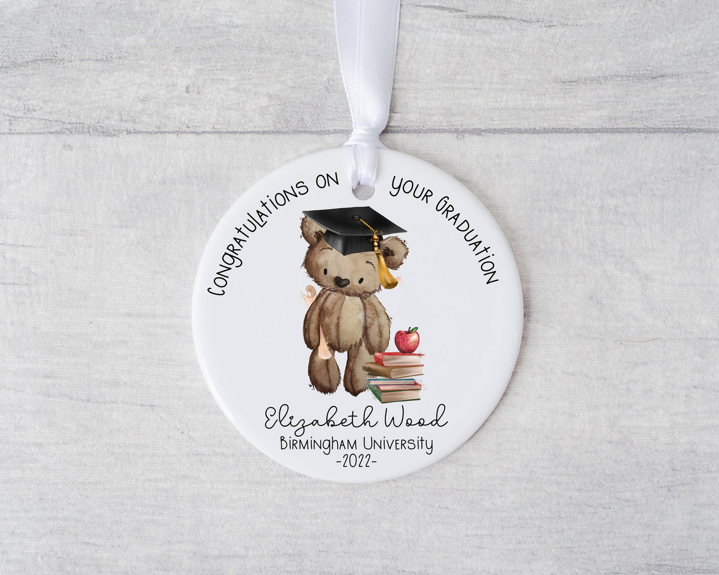 Personalised Graduation Gift | Round Ornament | Bear Illustration | Unique Tag Keepsake | MDF Circle Disc |