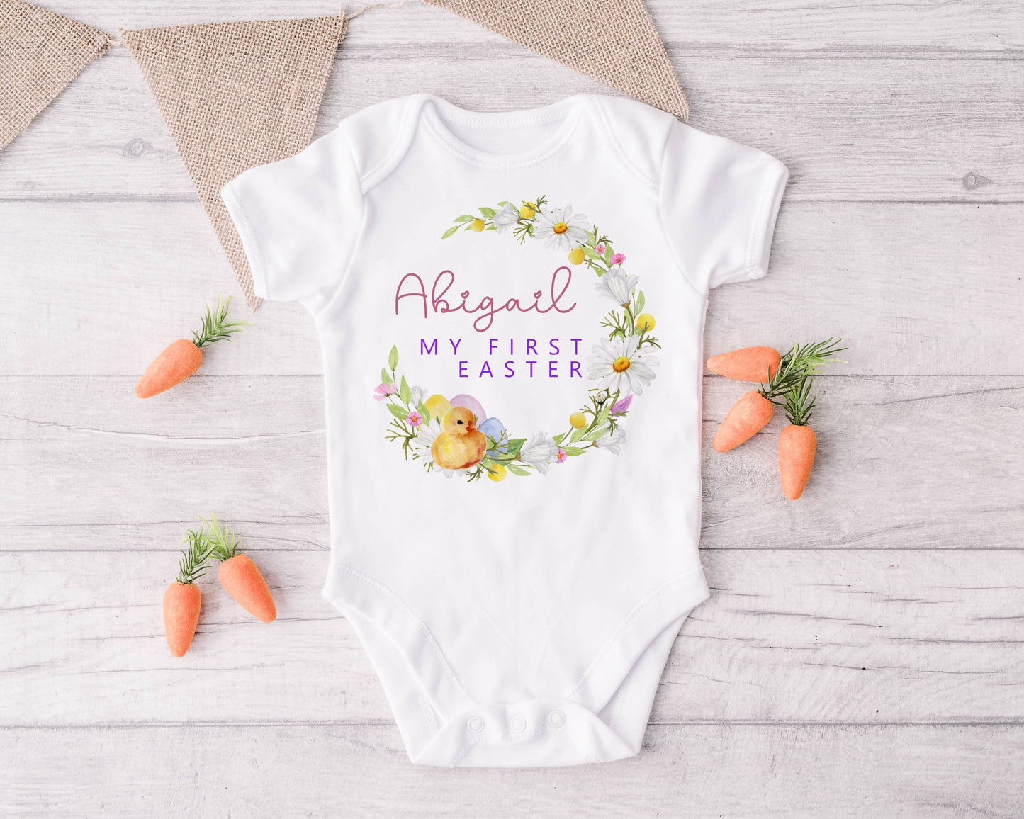 Personalised First Easter Baby Vest Bodysuit | Easter Babygrow | Watercolour Wreath with Chick | New Baby | Easter Gift |