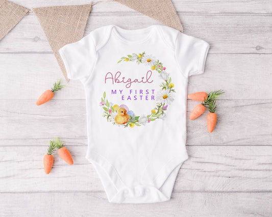Personalised First Easter Baby Vest Bodysuit | Easter Babygrow | Watercolour Wreath with Chick | New Baby | Easter Gift |