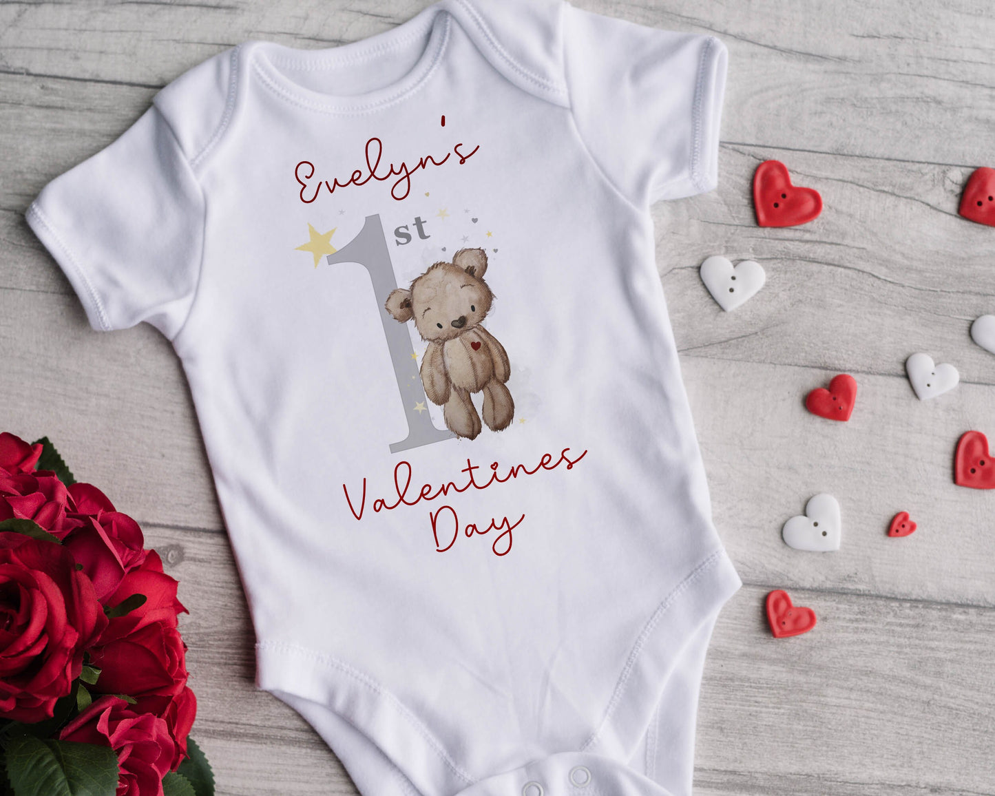 Personalised First Valentines Day Baby Vest Bodysuit | Valentine's Day | Watercolour Bear | New Baby | Love |